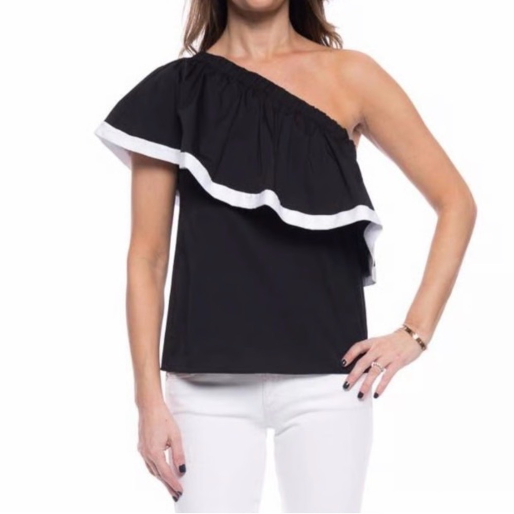 Milly Black One-Shoulder Ruffle Blouse with White Trim Sz S